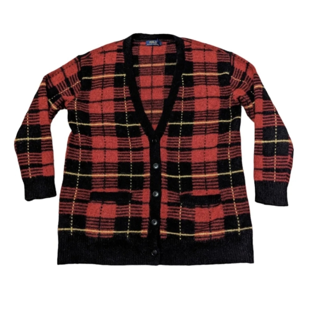 Vtg 90s Polo Ralph Lauren Red Black Tartan Alpaca Plaid Cardigan Sweater Large